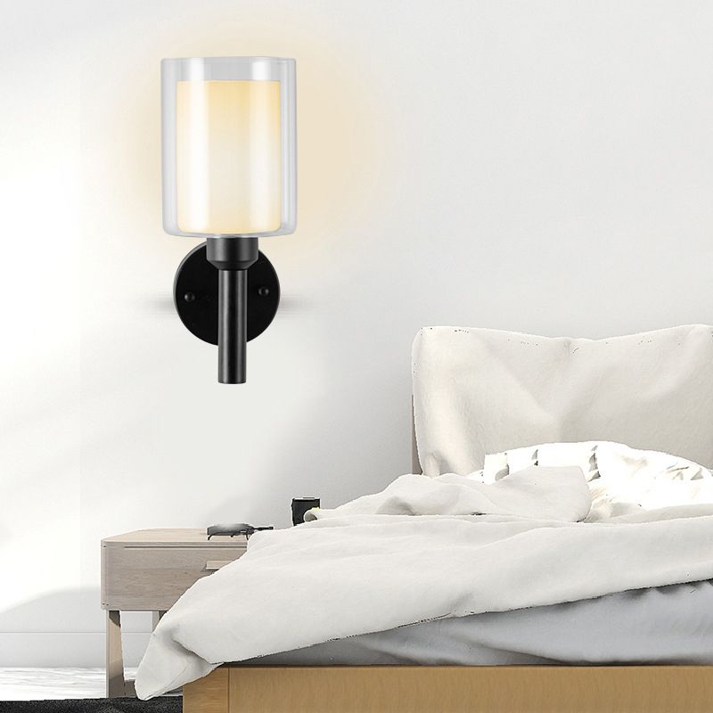 Minimalism Wall Sconce Cylinder-Shade Wall Light Fixture with Glass for Bedroom