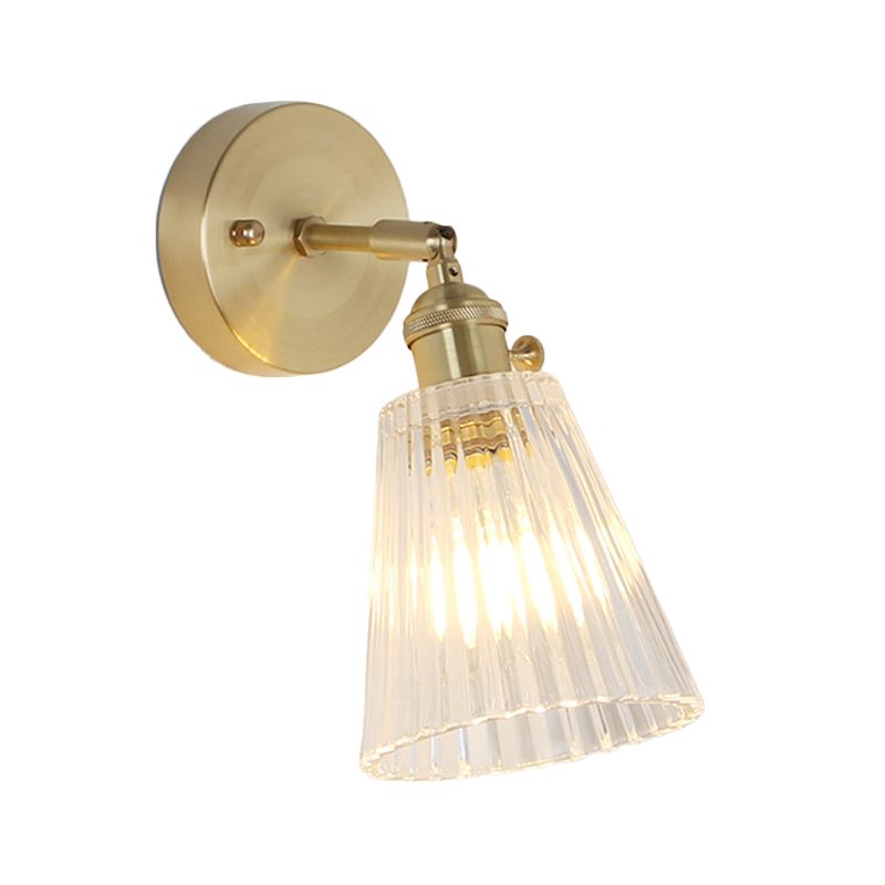 Conical Rotating Wall Light Kit Postmodern Clear Ribbed/Grid Glass 1 Light Gold Wall Mounted Lamp