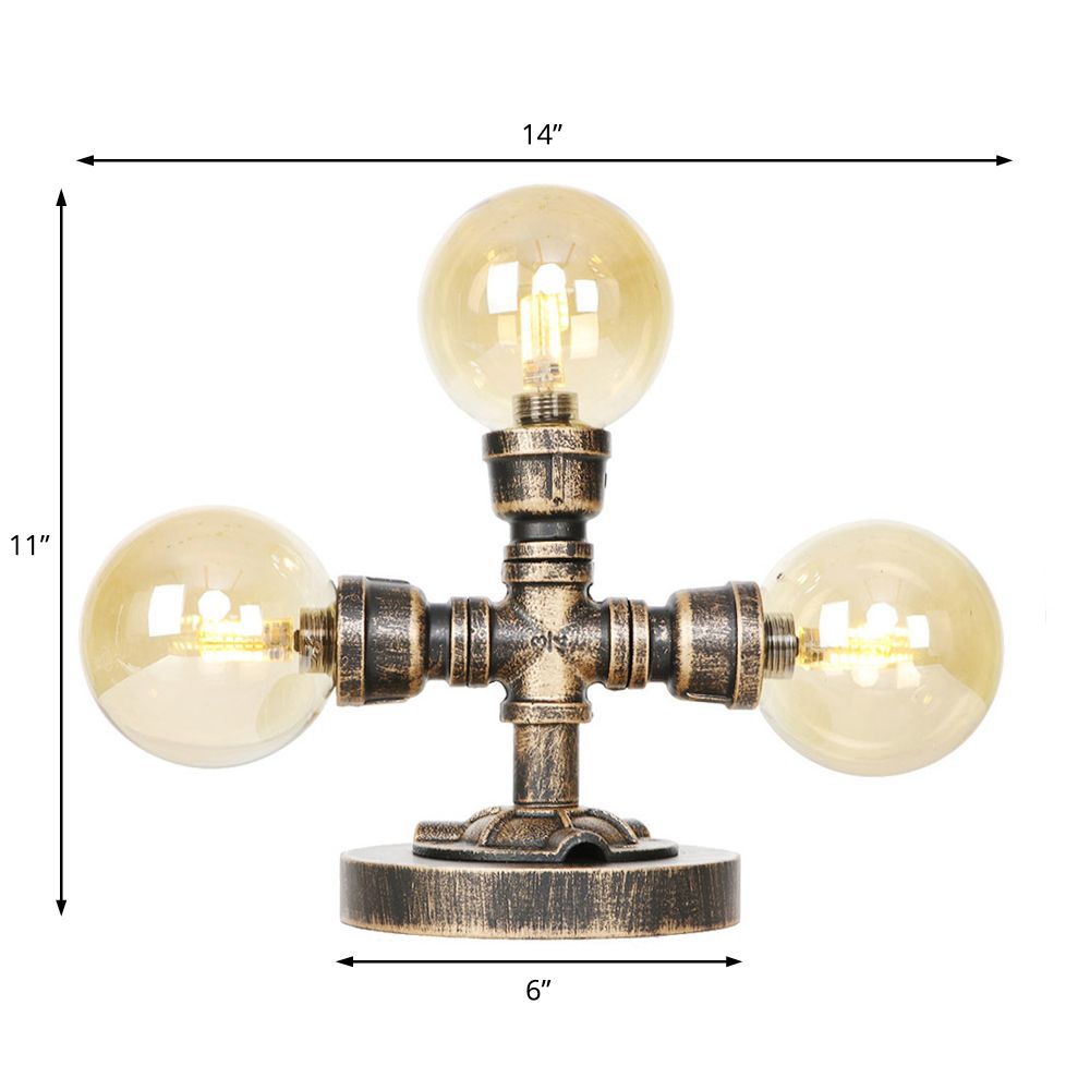 Lampada da scrivania industriale con paralume rotondo Illuminazione da lavoro in vetro trasparente/ambrato a 2/3 lampadine in argento antico/bronzo con base