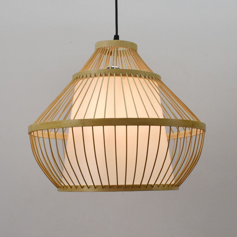 Asian 1 Head Pendant Light Beige Jar Suspended Lighting Fixture with Bamboo Shade
