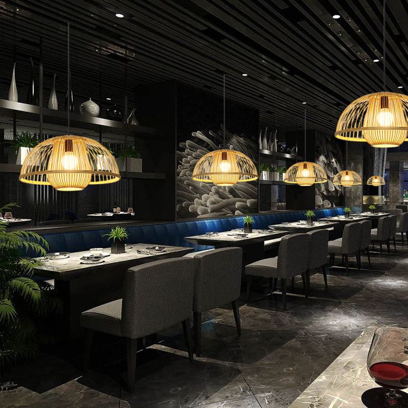 1 Light Bowl Hanging Light Fixtures Chinese Bamboo Ceiling Light for Restaurant