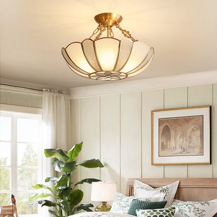 Textured Frosted Glass Scalloped Ceiling Lamp Vintage 4-Bulb Kitchen Semi Flush Mount Light in Brass