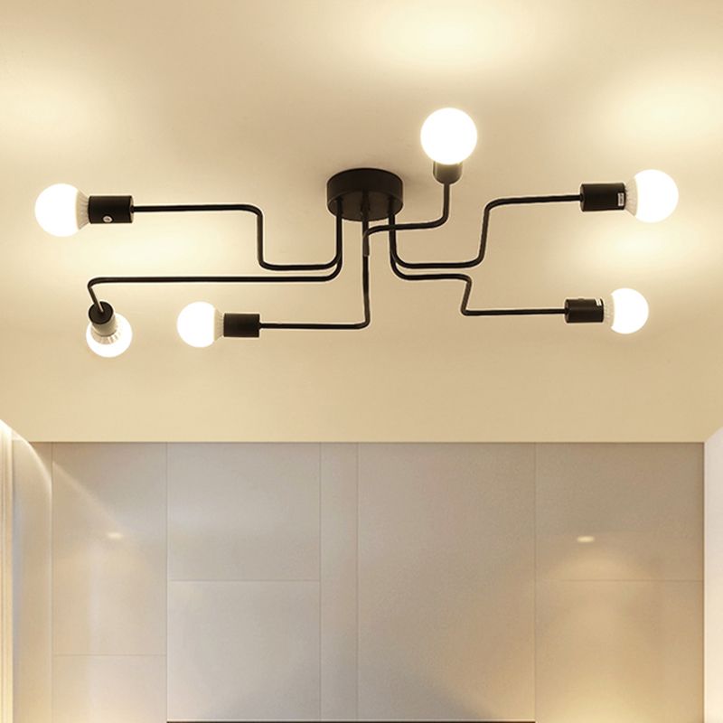 Loft Industrial Exposed Semi Flush Light Fixture 4/6-Head Metallic Ceiling Light Fixture in Black/White for Living Room