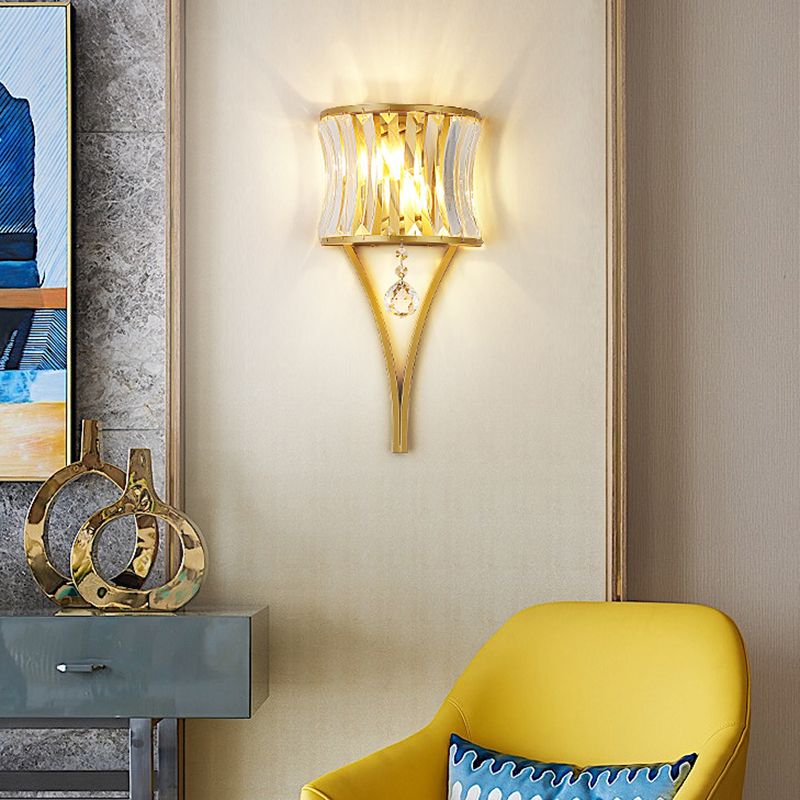 1 Bulb Clear Crystal Wall Lamp Rustic Curved Wave Bedroom Wall Mounted Lighting with Metal Frame
