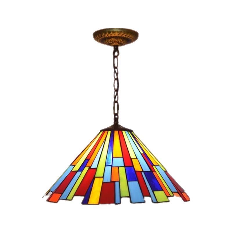 Mission Cone Pendulum Light 8"/13" W 1 Bulb Stained Glass Suspension Lamp in Brass with Rectangle Pattern