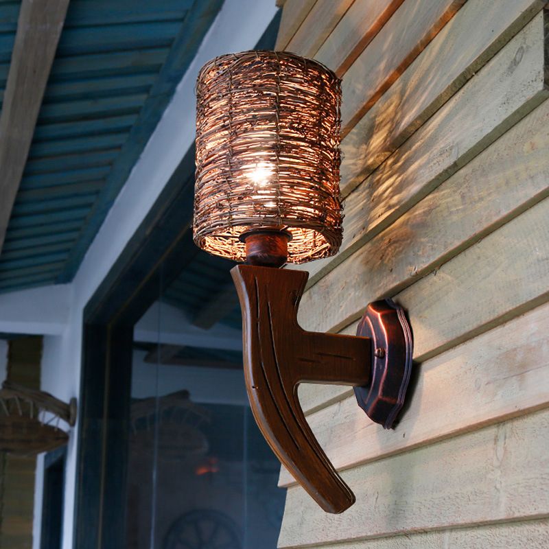 Armed Wood Wall Lamp Chinese 1 Bulb Brown Sconce Light Fixture with Cylinder Rattan Shade