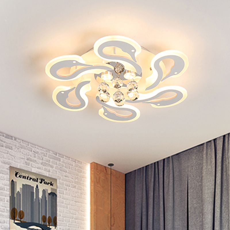 Zwaanvorm Semi Mount Lighting Moderne Acryl 6 koppen witte afwerking LED spoelplafondlamp met kristaldruppel