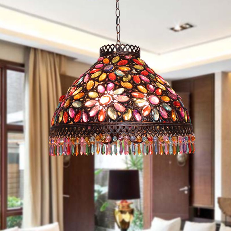 Art Deco Bowl Chandelier Light 3 Bulbs Metal Ceiling Lamp in Rust for Living Room
