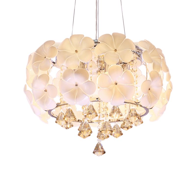 White 5/8 Lights Pendulum Light Modernism Flower Crystal Drum Frame Chandelier Lamp Fixture, 18"/21.5" Wide