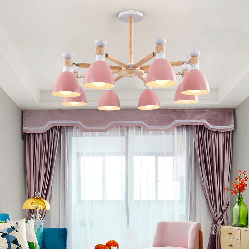 Macaron Style Bell Chandelier Lighting Metal Bedroom Hanging Light avec une tige en bois