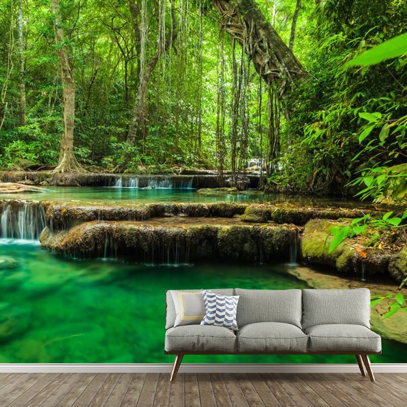 Fresh Jungle and Water Mural for Living Room Natural Scene Wall Art in Green, Made to Measure