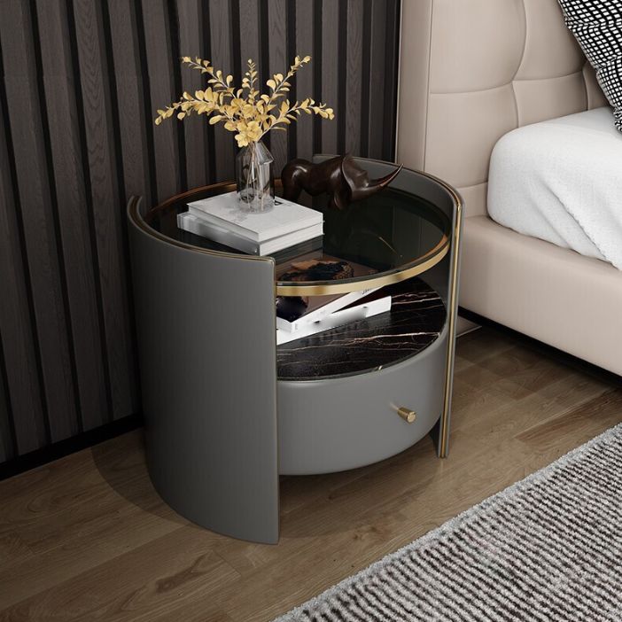 1-Drawer Glass Top Nightstand, 19.69" Tall 1-Shelf Leather Night Stand