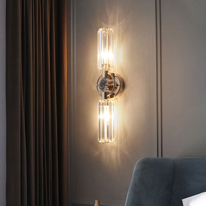 Gold Cylindrical Wall Lamp in Modern Luxury Style Wrought Iron 2-Light Wall Sconce with Crystal Shade