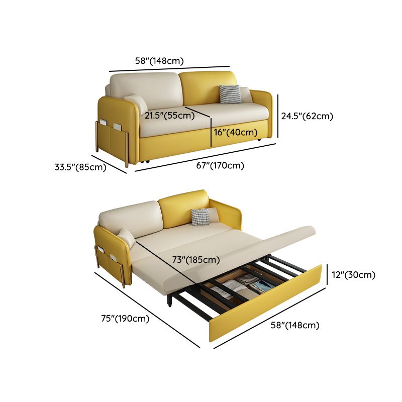 Square Arm Sofa Bed in Yellow Faux Leather Stain Resistant Bed Sofa