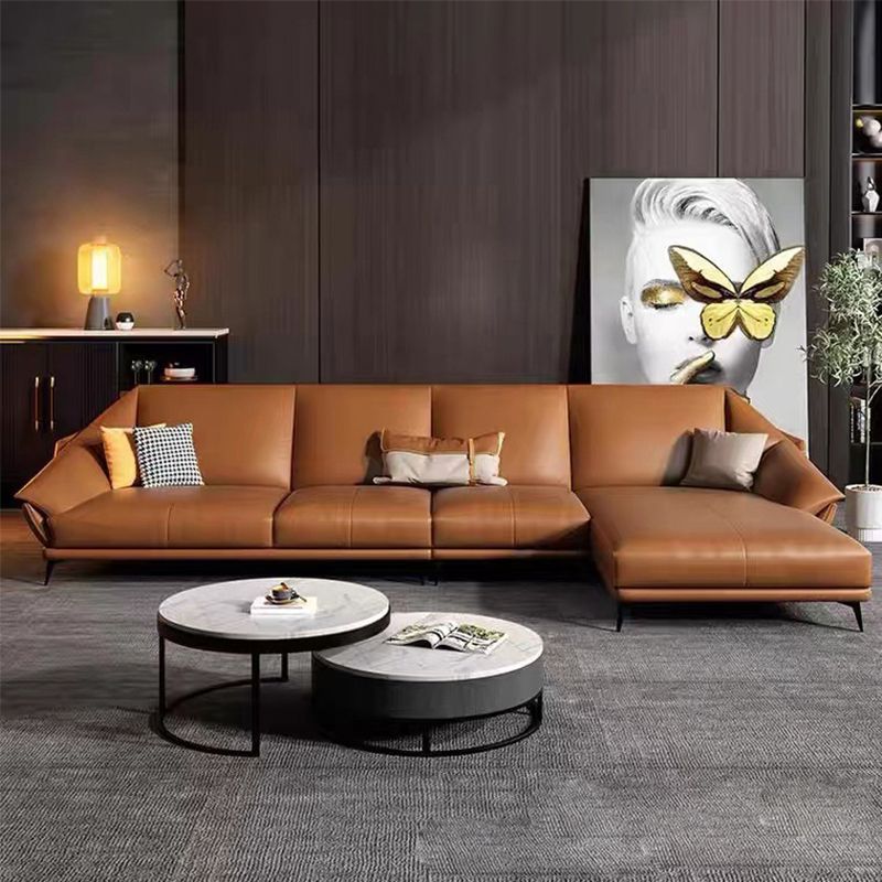 Glam Genuine Leather Living Room Flared Arm Modular Cushions Seating