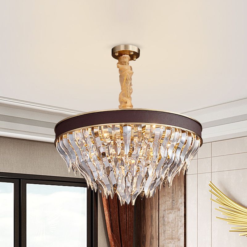 Cone Contoured Crystal Pendant Chandelier Contemporary 11 Heads Brown Suspension Light