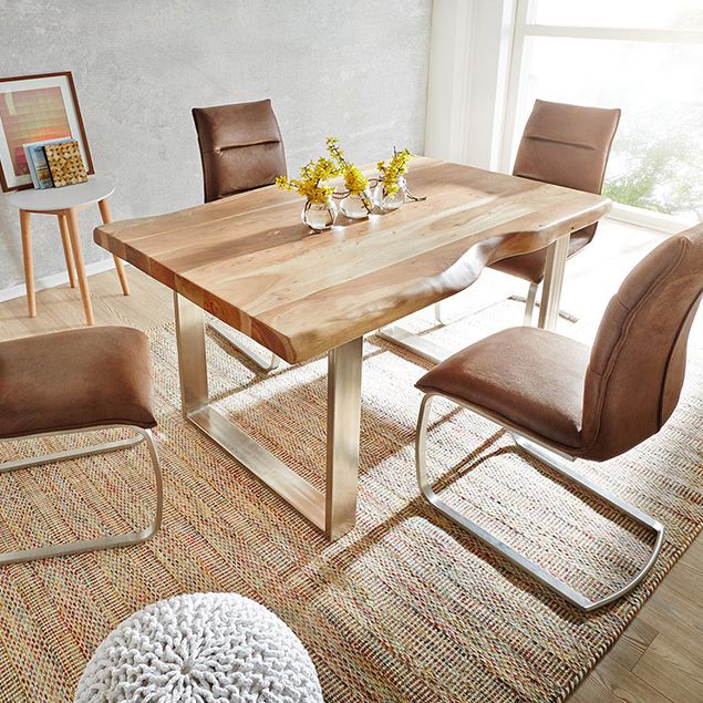 Modern Pine Wood Table for Restaurant Rectangle Dining Table with Silver Double Pedestal