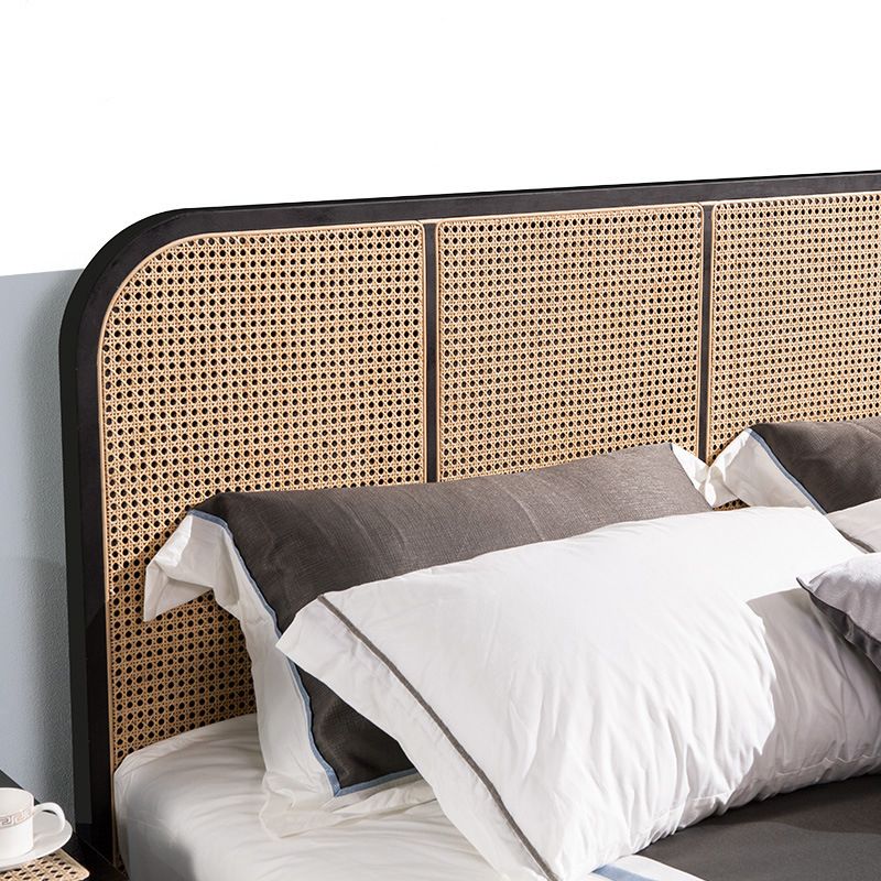 Tropical Style Ash Bed Frame Espresso Rattan Headboard Panel Bed with Mattress