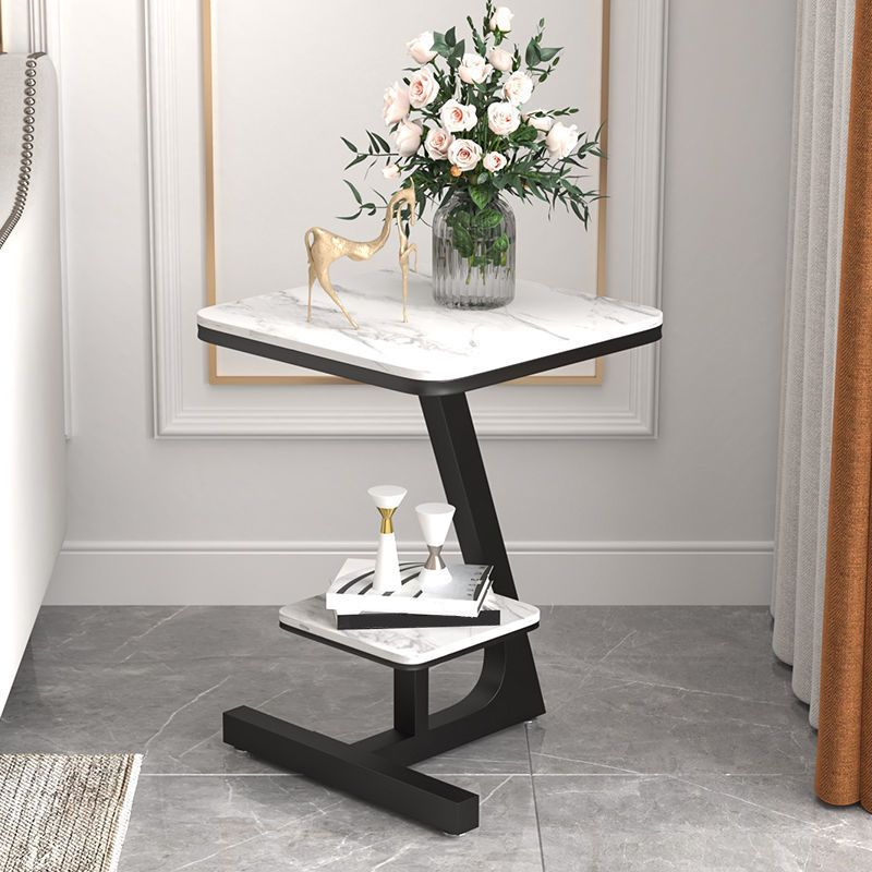 Modern Square Marble Top End Table Two-Tier Side Table with Iron Frame