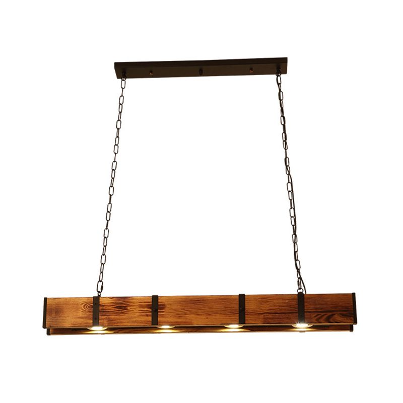 Rectangular Wooden Island Ceiling Light Industrial 4 Lights Brown Island Lamp with Metal Chain