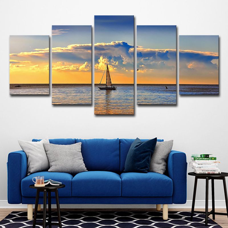 Photography Sailboat in Ocean Sunset Art Print for Living Room, Sky Blue and Yellow