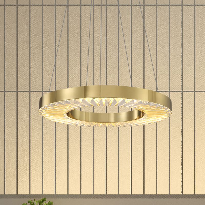 Hoop Crystal Inserted Hanging Lamp Minimalism Dining Room LED Ceiling Chandelier in Gold