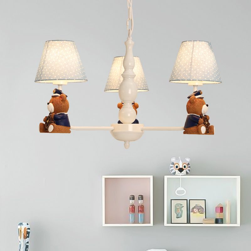 Resin Bear Ceiling Lighting Cartoon White Chandelier Light Fixture with Patterned Fabric Shade