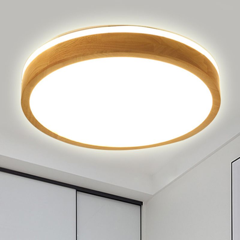 12"/16"/19.5" Wide Round Wood Flush Mount Modernist 1 Light Beige Led Flush Ceiling Light Fixture with Frosted Diffuser in Natural Light