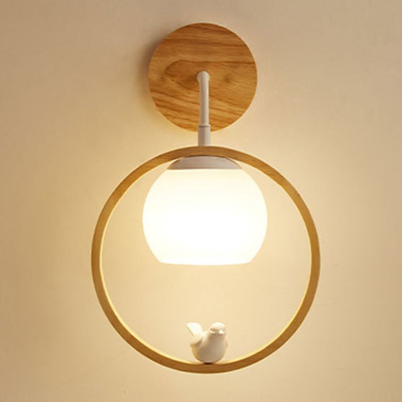 Modernism Wood Lighting Globe White Glass Shaded Wall Light for Foyer