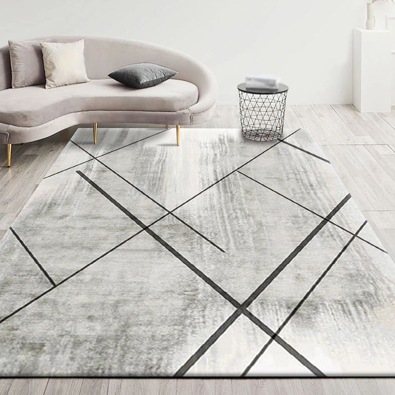 Grey Living Room Rug Modernism Geometric Pattern Rug Polyester Washable Anti-Slip Backing Pet Friendly Carpet