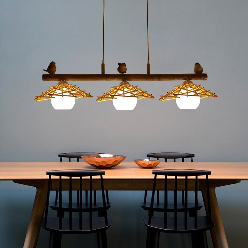 Cottage conico Isola Light Bamboo Bamboo Accensione in legno con ombra di vetro bianco cupola