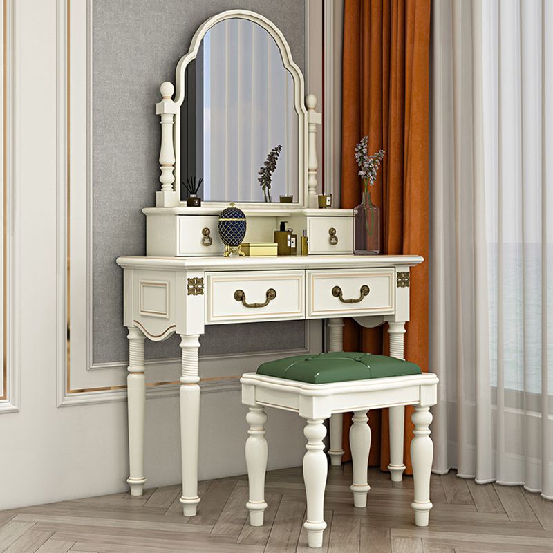 Victorian Solid Wood Vanity Makeup Dressing Table Stool Set with Mirror in White