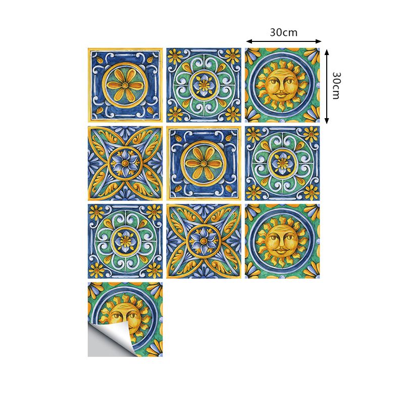 Boho Egyptian Tribal Pattern Wallpapers Green Sun and Flower Self-Sticking Wall Decor, 10 Pieces