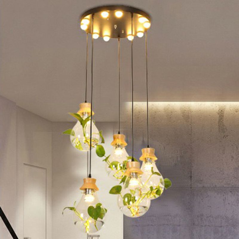Hydroponic Plant Pendant Lamp Nordic Teardrop Shaped Clear Glass Suspension Light in Black