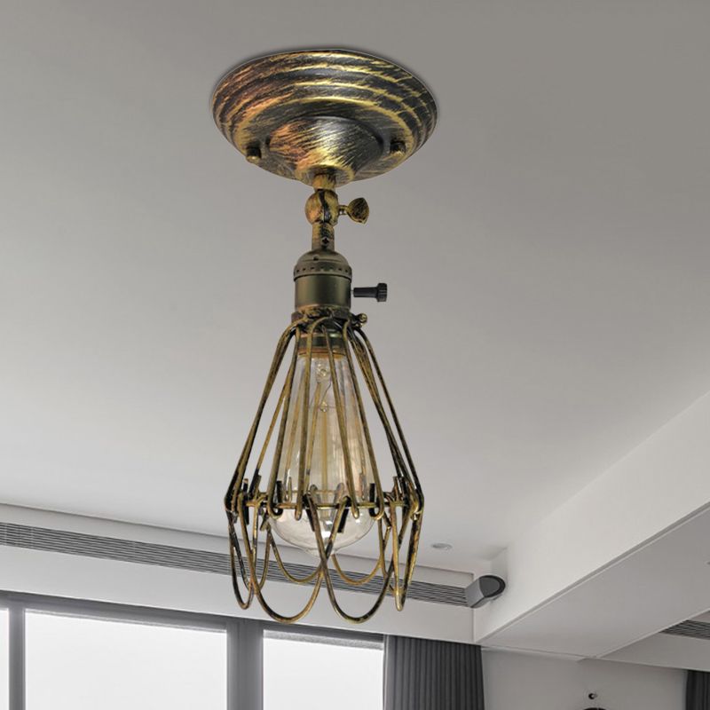 Plafonnier semi-encastré en cage en fer forgé, style ferme, élégant, 1 lumière, luminaire de plafond pour chambre à coucher, rouille/argent vieilli