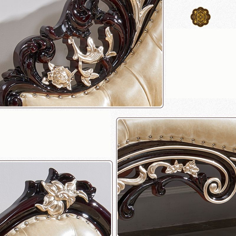 Genuine Leather Accent Chair Traditional Solid Wood Rolled Arms Chaise