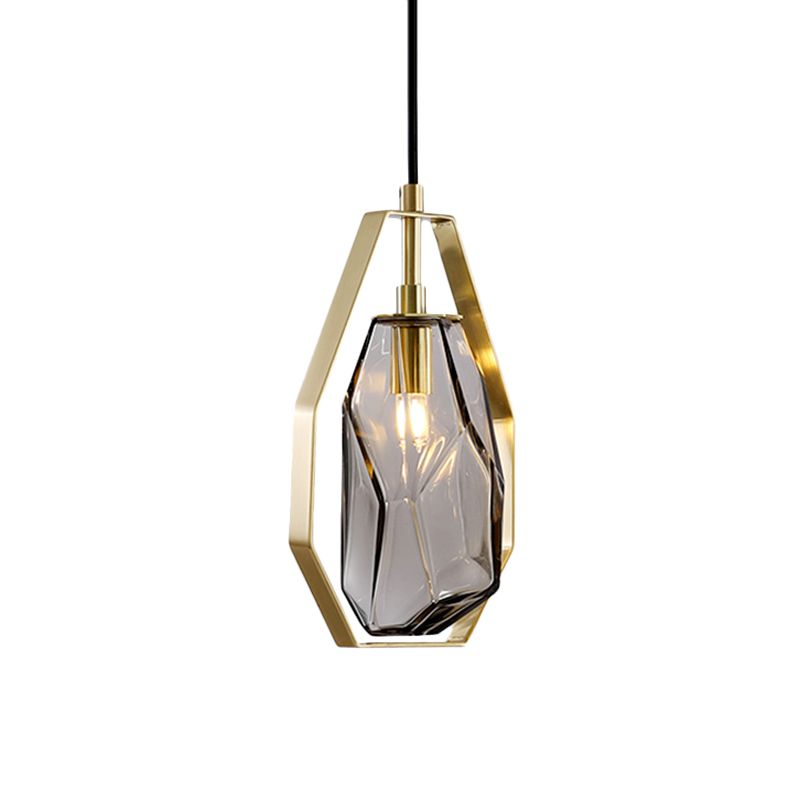 Retro 1 Head Suspended Light Smoke Grey/Cognac Glass Gemstone Pendant Lighting with Brass Frame over Table