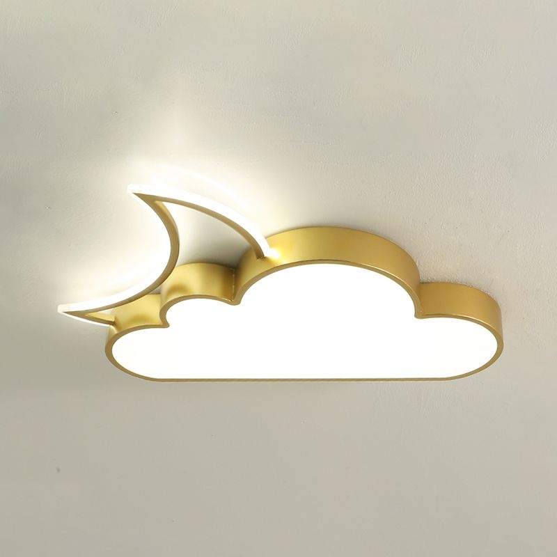 Kids LED Flush Mount Lamp Pink/Gold/Blue Crescent Hiding Behind A Cloud Ceiling Fixture with Acrylic Shade