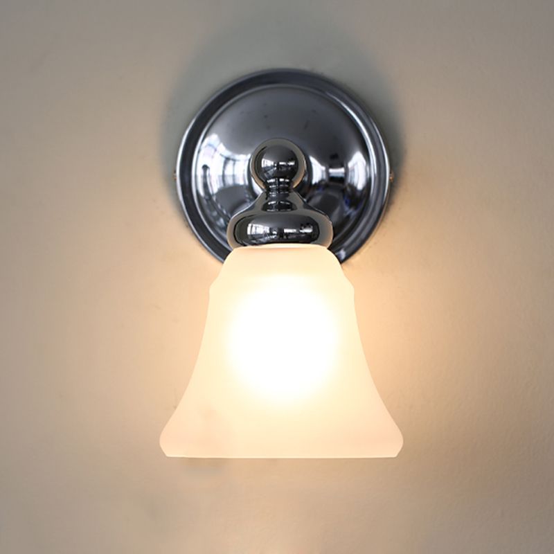 1 Bulb Wall Light Sconce Country Bell White Glass Wall Light Ideas in Silver