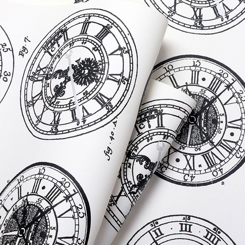 Non-Pasted Wallpaper Roll with Black and White Wall Clock, 33'L x 20.5"W