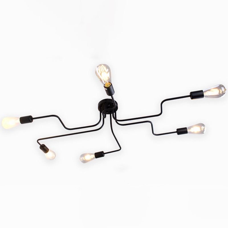 Offene Glühbirnenspinnen Deckenleuchte Retro-Stil Schmiedeeisen Multi-Licht Wohnzimmer Flush-Mount-Federung Licht in Schwarz
