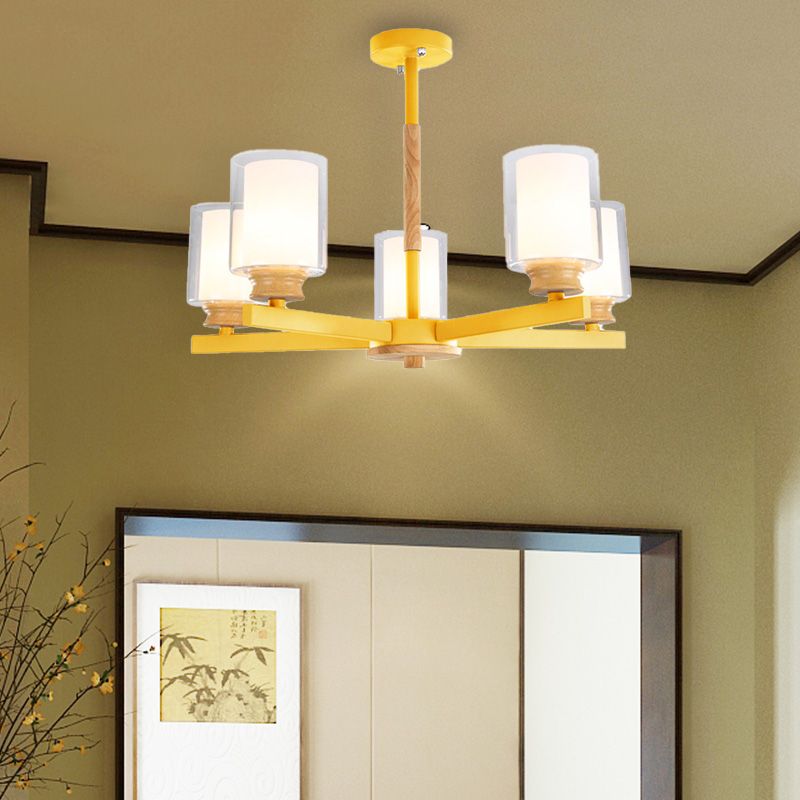 Makkaronzylinder Kronleuchter Anhänger Leicht Milchglas 3/5/6 Lichter hängende Decke Licht in Rosa/Gelb/Grün für Wohnzimmer