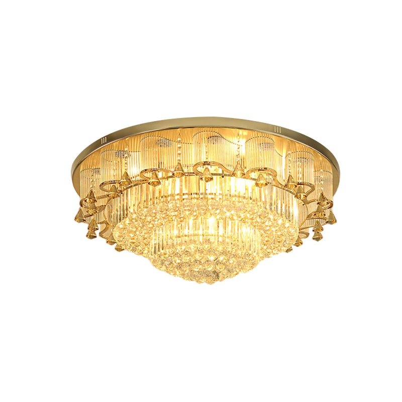 Gold LED Ceiling Flush Mount Contemporary Diamond Crystal Dual-Layered Flushmount Lighting