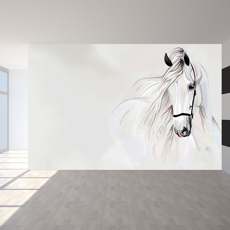 White Horse Head Wall Mural Animal Modern Moisture Resistant Wall Decor for Bedroom