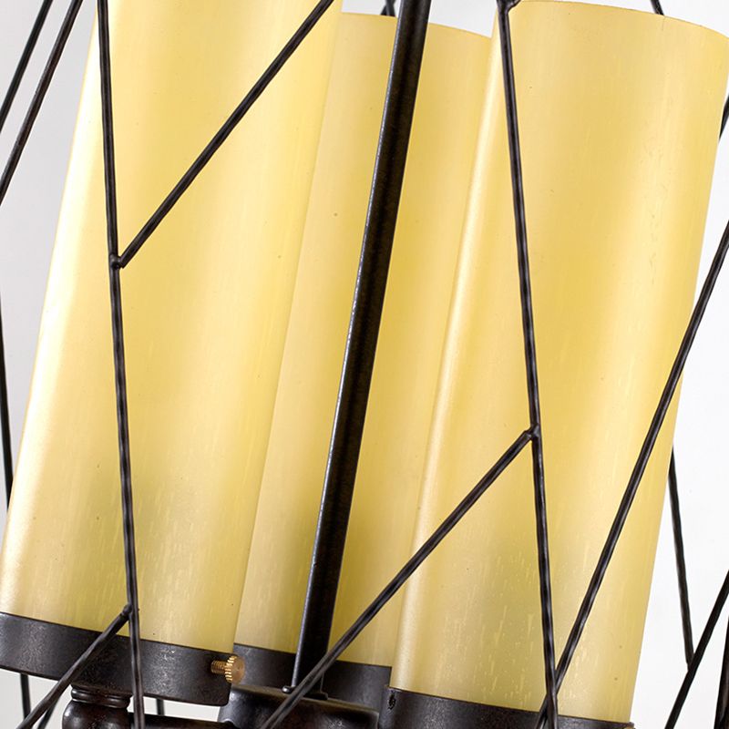 3 Light Pendant Light Traditional Cylinder Beige Glass Hanging Chandelier in Black