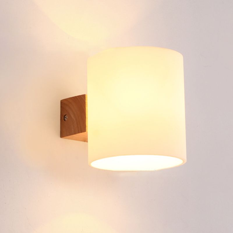Wooden Cylindrical Wall Lamp in Modern Concise Style White Glass Wall Sconce for Interior Spaces