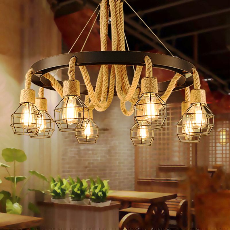 Lampadario a gabbia in metallo nero retrò retrò ruota a corda di corda lampada per il ristorante