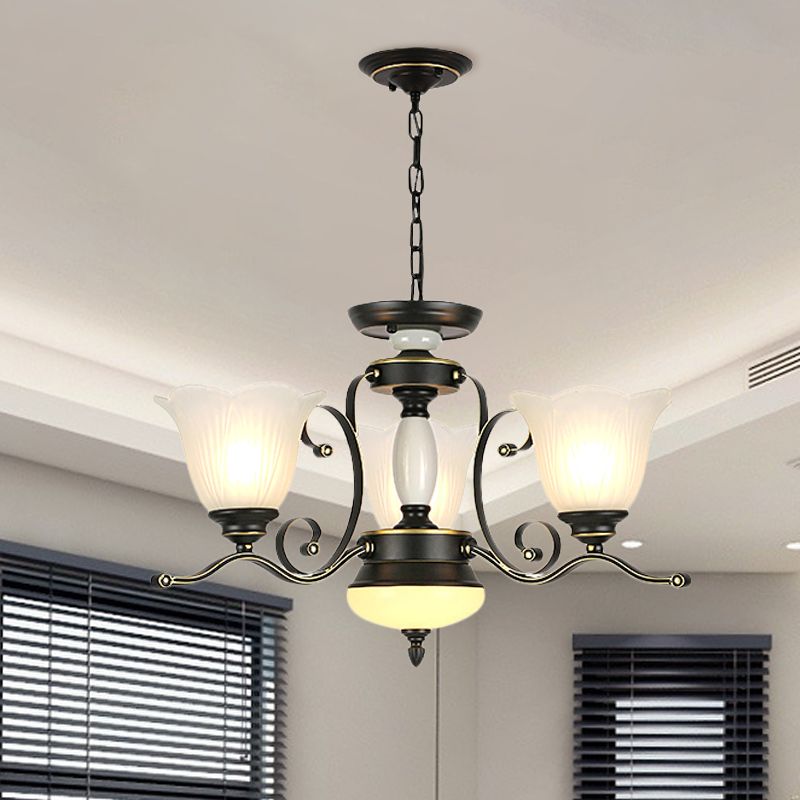 3/6 Heads Blossom Chandelier Lamp Traditional Black Opaline Glass Suspension Lighting with Scroll Arm