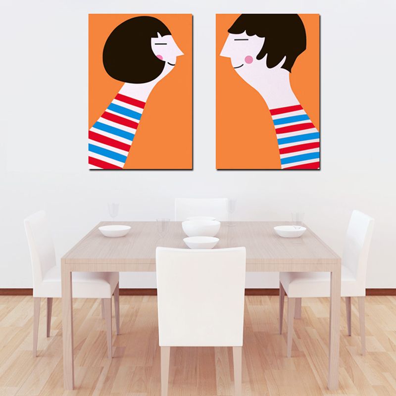 Canvas Textured Art Print Cartoon Figure Drawing Wall Decor in Orange for Living Room