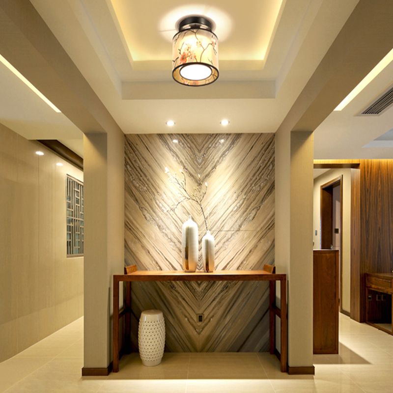 Black 1 Light Ceiling Lighting Chinese Style Fabric Design Semi Flush Mount Lighting for Living Room